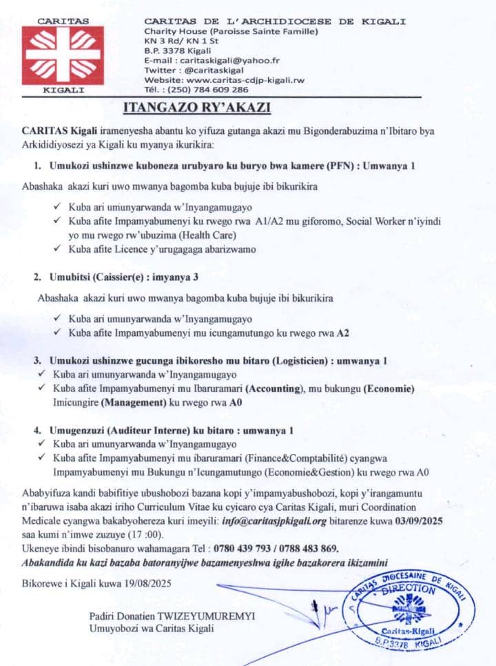 Akazi kuri Caritas Kigali